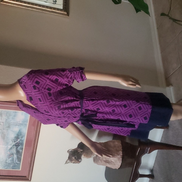 41 Hawthorn xs poetic purple satin shurt dress geometric pattern ribbon tie - Picture 4 of 10